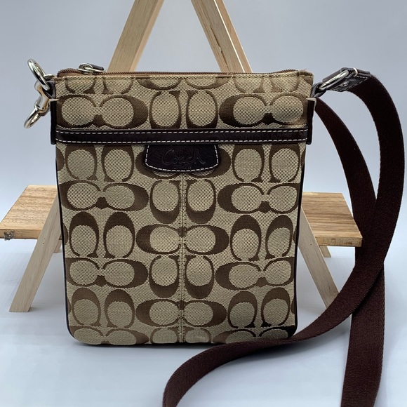 Coach Handbags - Coach Signature Print Taupe & Brown Adjustable Crossbody Bag